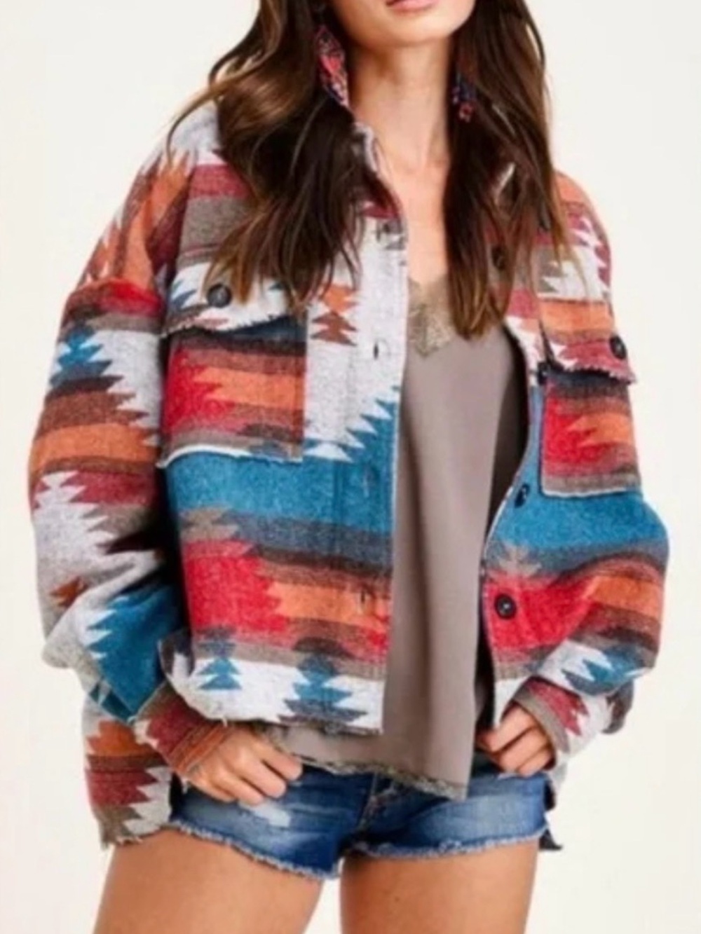 LA MIEL Striped Shacket- Orange, Beige, Red